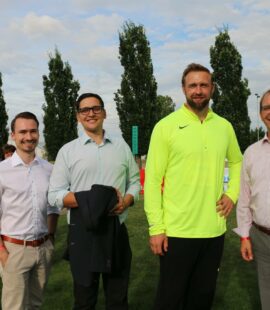Stadtrat Philipp Körner, Kreisvorsitzender Dr. Roger Stöcker, Olympionike Robert Harting und Landrat Markus Bauer